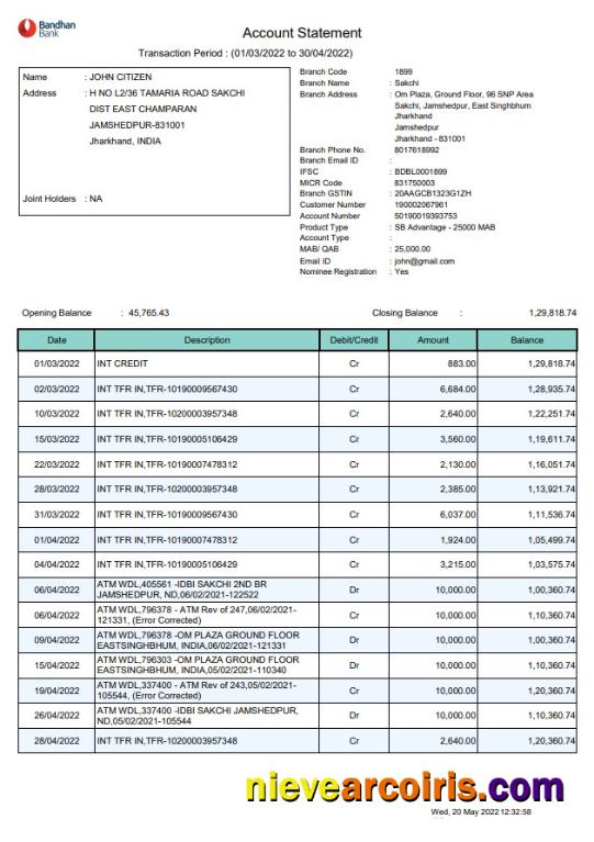 India Bandhan Bank Statement Template