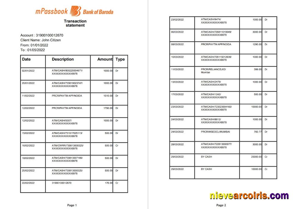 India Bank Of Baroda MPassbook Bank Transaction Statement, 4 Pages Preview