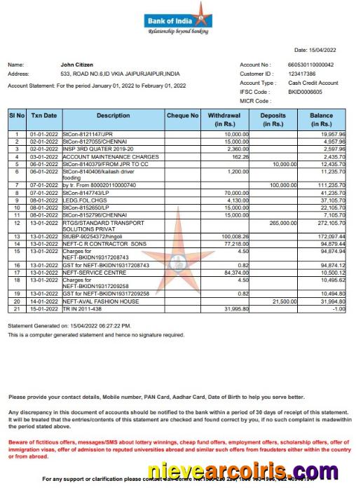 India Bank Of India Statement Sample