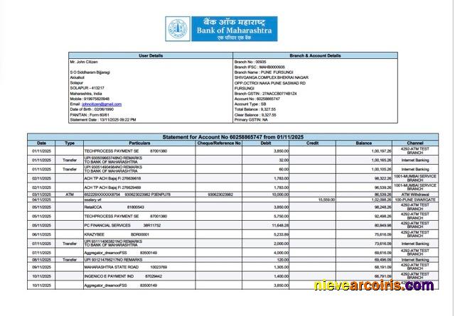 Realistic India Bank Of Maharashtra Statement For Account Word And PDF Template