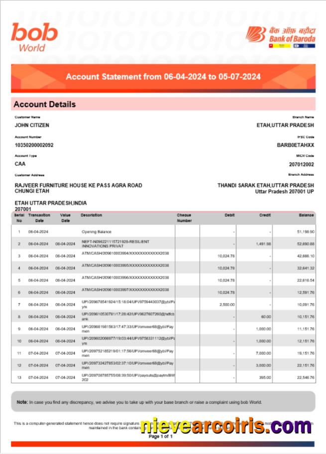 India Bob Bank Of Boroda Statement Word And PDF Example Preview