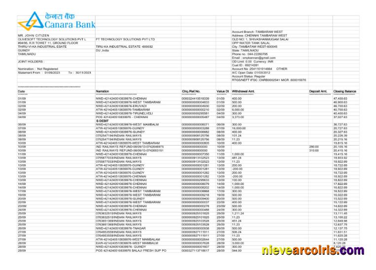 Premium India Canara Bank Statement Word And PDF Template, 3 Pages Scr