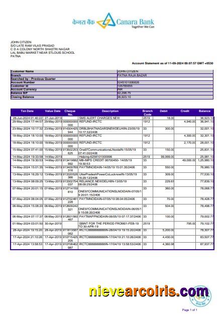 India Canara Bank Statement 3 – 6 Months Word And PDF Example, Version 2 Preview