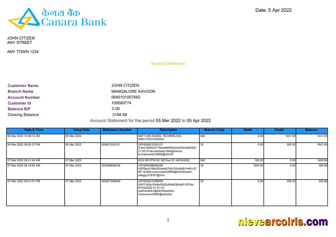 India Canara Bank Statement 5 Pages Sample
