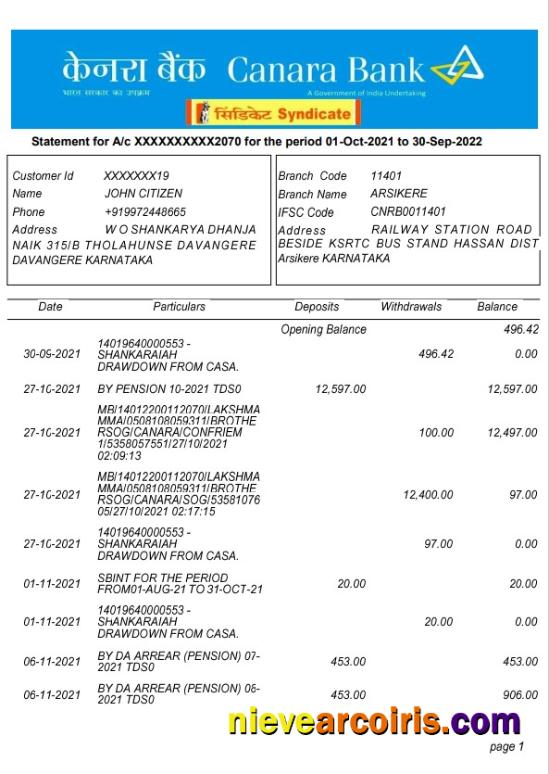 Premium India Canara Bank Statement Template, Word And PDF Format, 5 Pages, Version 2