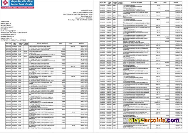 Professional India Central Bank Of India Statement Of Account Word And PDF Template, 2 Pages