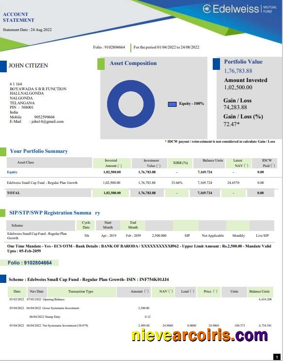 Realistic India Edelweiss Bank Statement Word And PDF Template, 3 Pages