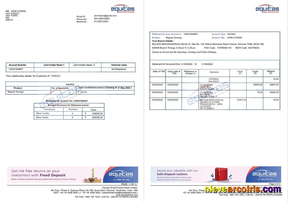 India Equitas Bank Statemnet 3 Pages Template