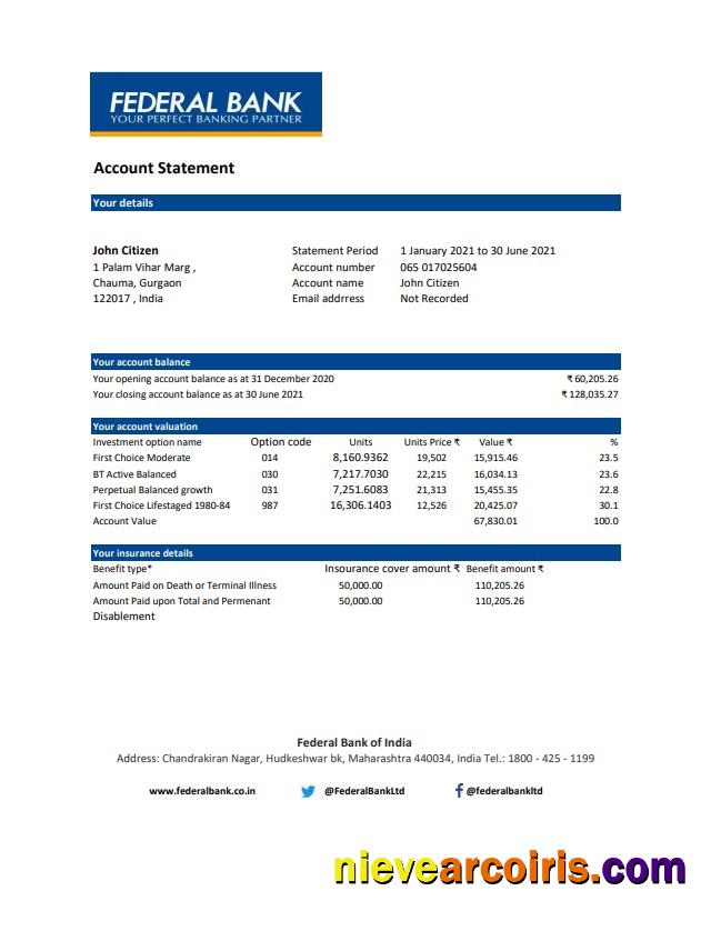 Editable India Federal Bank Statement Easy To Fill Template In .xls And .pdf File Format