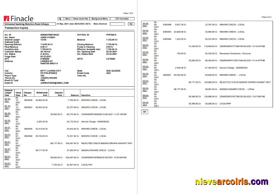 India Finacle Bank Statement In Word And PDF Format (2 Pages) Preview