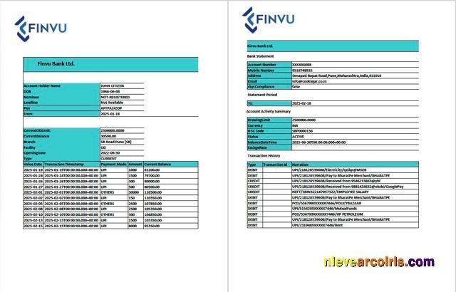 Realistic India Finvu Bank Ltd. Account Statement Word And PDF Template, 2 Pages