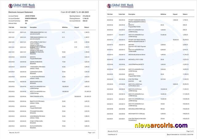 Editable India Global Ime Bank Account Statement Word And PDF Template, 2 Pages