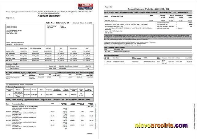 Editable India HDFC Bank Account Statement Word And PDF Template, 2 Pages