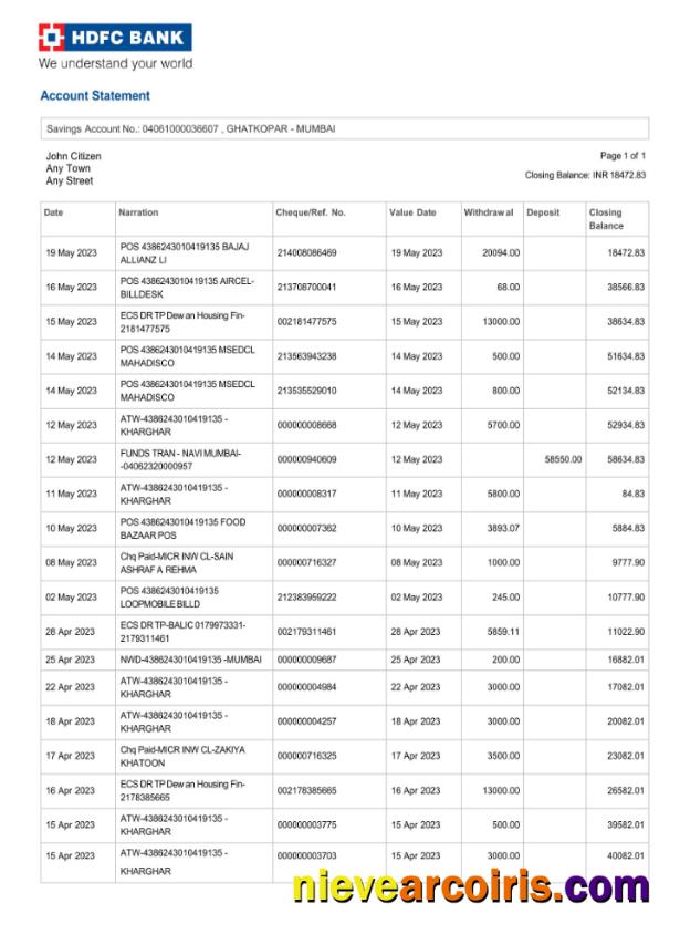 Realistic India HDFC Bank Statement Template, Word And PDF Format