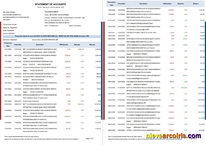 India HDFC Bank Statement 5 Pages Preview