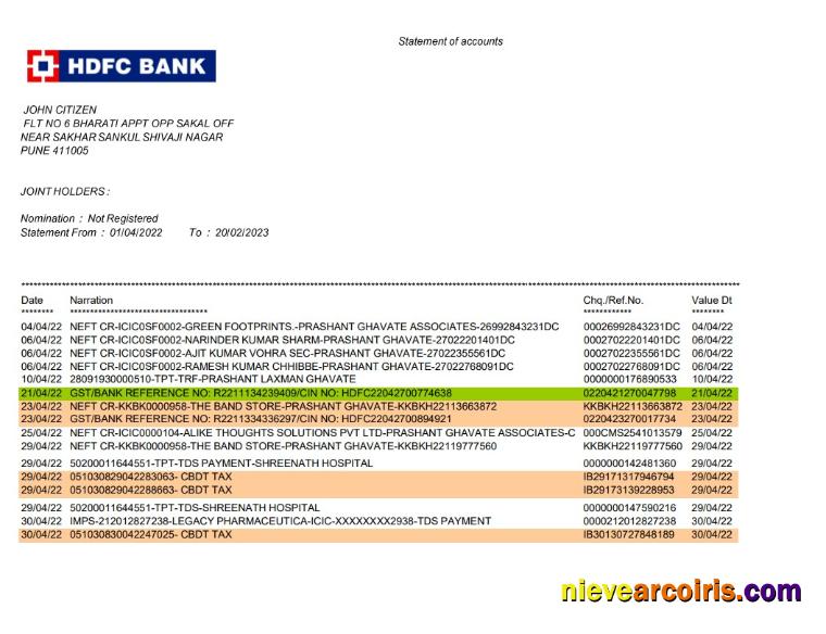 Premium India HDFC Bank Statement Template, Word And PDF Format, 2 Pages, Version 2