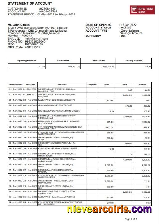 Editable India IDFC First Bank Statement Template, Word And PDF Format, 2 Pages