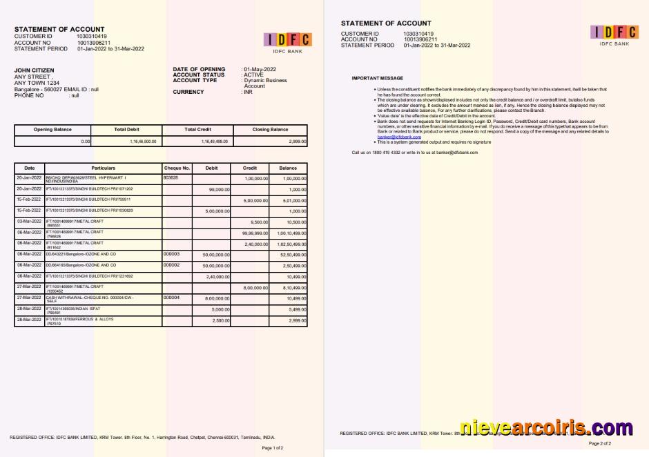 India IDFC Bank Statement 2 Pages, New Version Preview