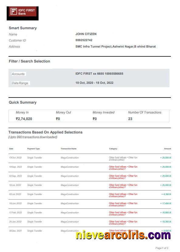 Premium India IDFC Bank Statement Template, Word And PDF Format, 3 Pages, Version 2
