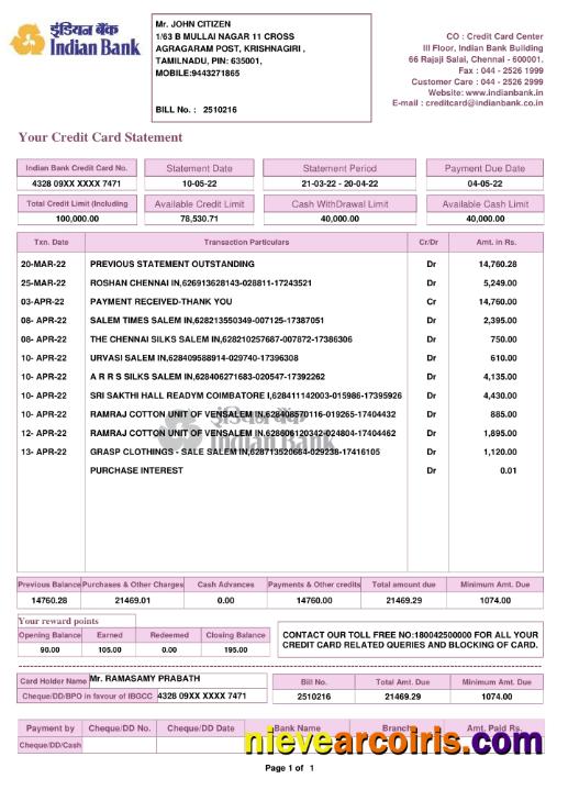 Realistic India Indian Bank Statement Template, Word And PDF Format, 2 Pages