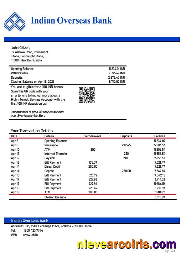 Premium India Indian Overseas Bank Statement Template, Word And PDF Format