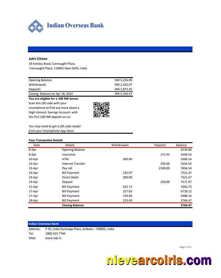 India Indian Overseas Bank Statement Preview