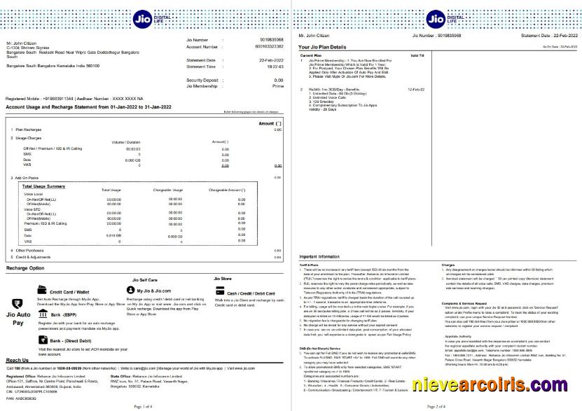 India Jio Bank Statement 4 Pages Sample