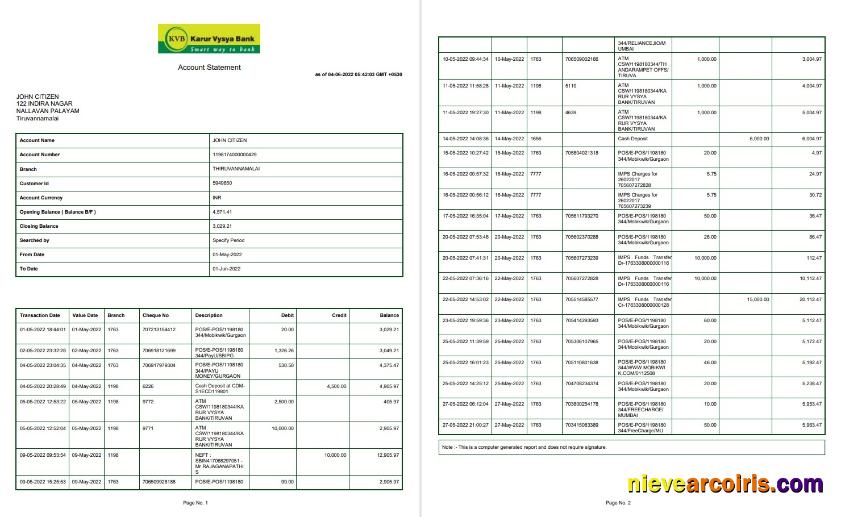 India KVB Bank Statement 2 Pages Preview