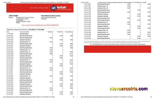 Editable India Kotak Mahindra Bank Account Statement Word And PDF Template, 2 Pages