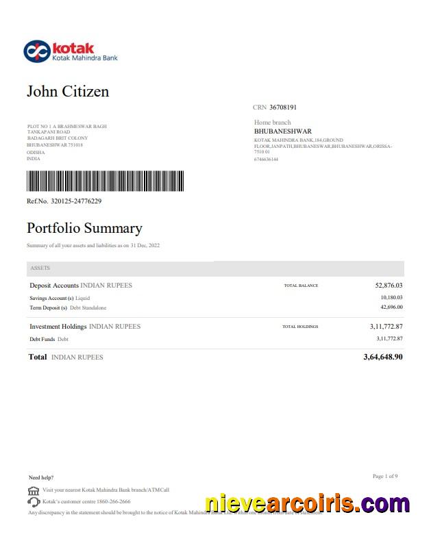 Realistic India Kotak Mahindra Bank Statement Template, Word And PDF Format, 4 Pages, Version 2