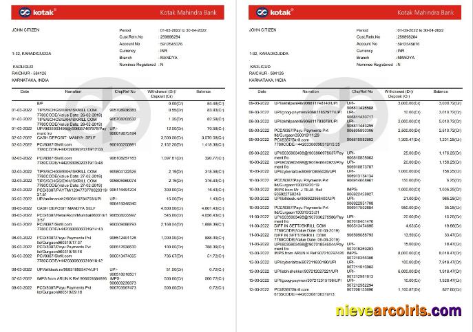 India Kotak Mahindra Bank Statement 7 Pages Preview