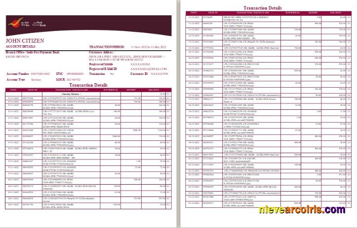 Editable India Post Payments Bank Statement Template, Word And PDF Format, 4 Pages