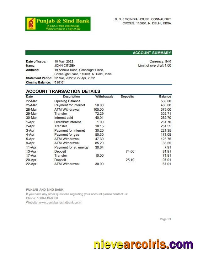 India Punjab And Sind Bank Statement Xls Photolook