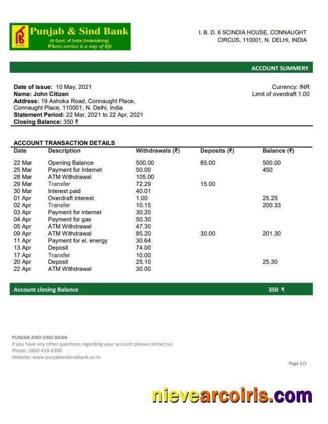 India Punjab And Sind Bank Statement Sample