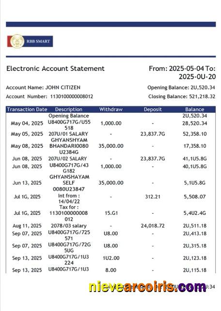 Realistic India RBB Smart Bank Electronic Account Statement Word And PDF Template