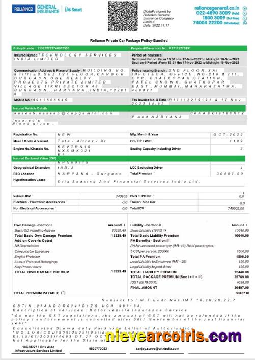 Professional India Reliance General Insurance Company Limited License Fake Bank Statement Word And PDF Template, 2 Pages