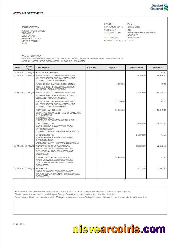 Premium India Standard Chartered Bank Statement Word And PDF Template Scr