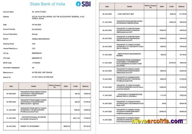 Editable India State Bank Of India Account Statement Word And PDF Template, 2 Pages, Version 2