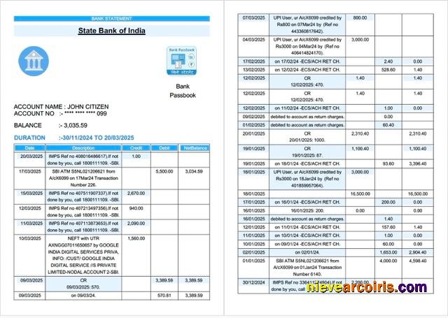 Premium India State Bank Of India Bank Statement Word And PDF Template, 2 Pages
