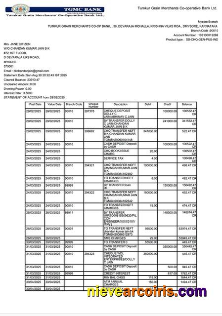 Realistic India Tumkur Grain Merchants Co Operative Bank Statement Of Account Word And PDF Template