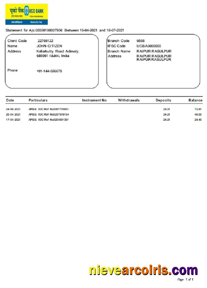 Editable India UCO Bank Statement Template In Word And PDF Format