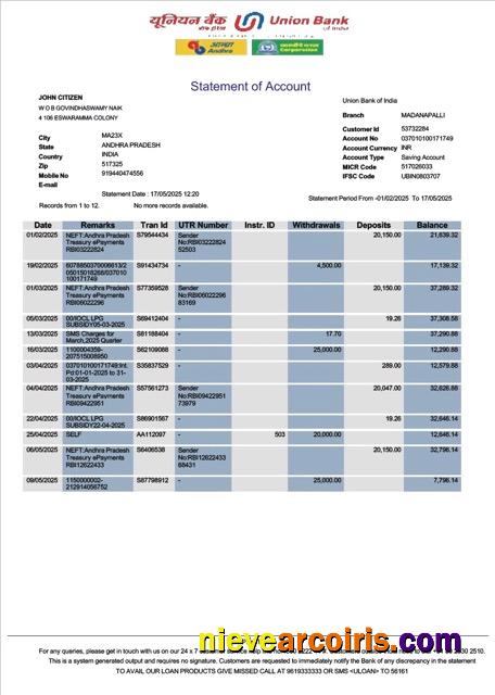 Realistic India Union Bank Account Statement Word And PDF Template, Version 2