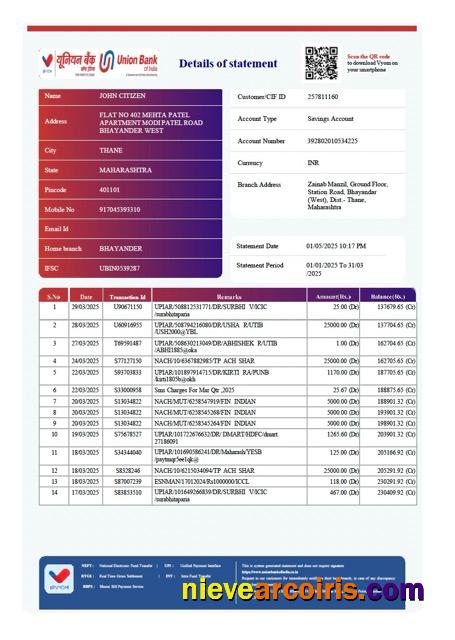Editable India Union Bank Of India Account Statement Word And PDF Template, Version 3