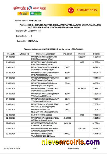 Premium India Union Bank Of India Statement Of Account Word And PDF Template