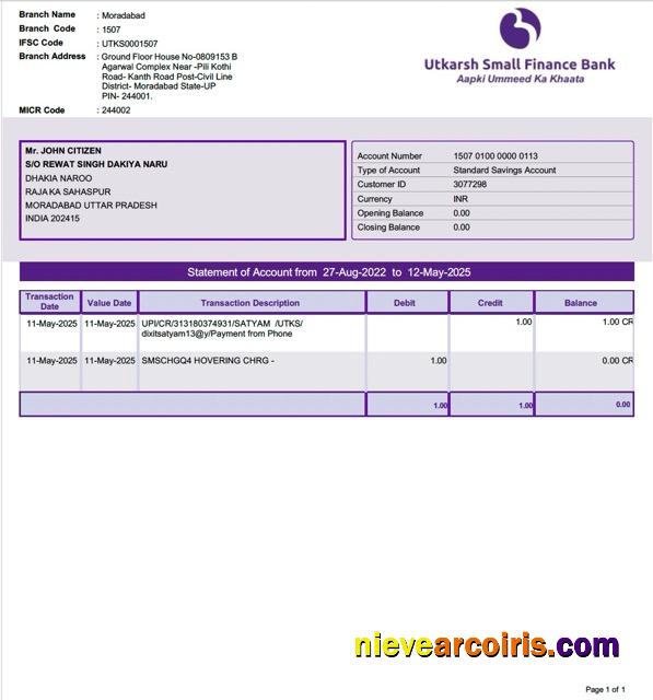 Premium India Utkarsh Small Finance Bank Statement Of Account Word And PDF Template