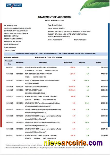 Realistic India YES Bank Statement Of Account Word And PDF Template