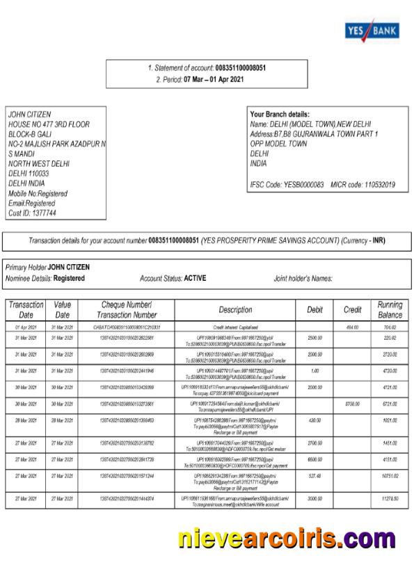 Editable India Yes Bank Statement Word And PDF Template, 2 Pages Scr