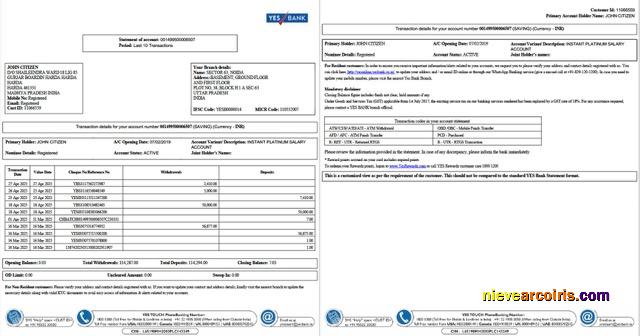 Professional India Yes Bank Statement Of Account Word And PDF Template, 2 Pages