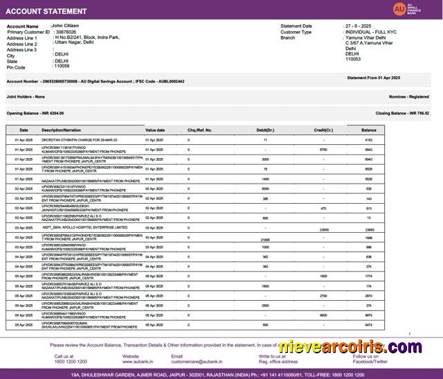 Editable India AU Small Finance Bank Account Statement Word And PDF Template