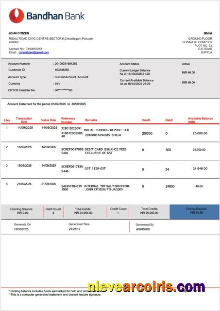 Editable India Bandhan Bank Account Statement Word And PDF Template